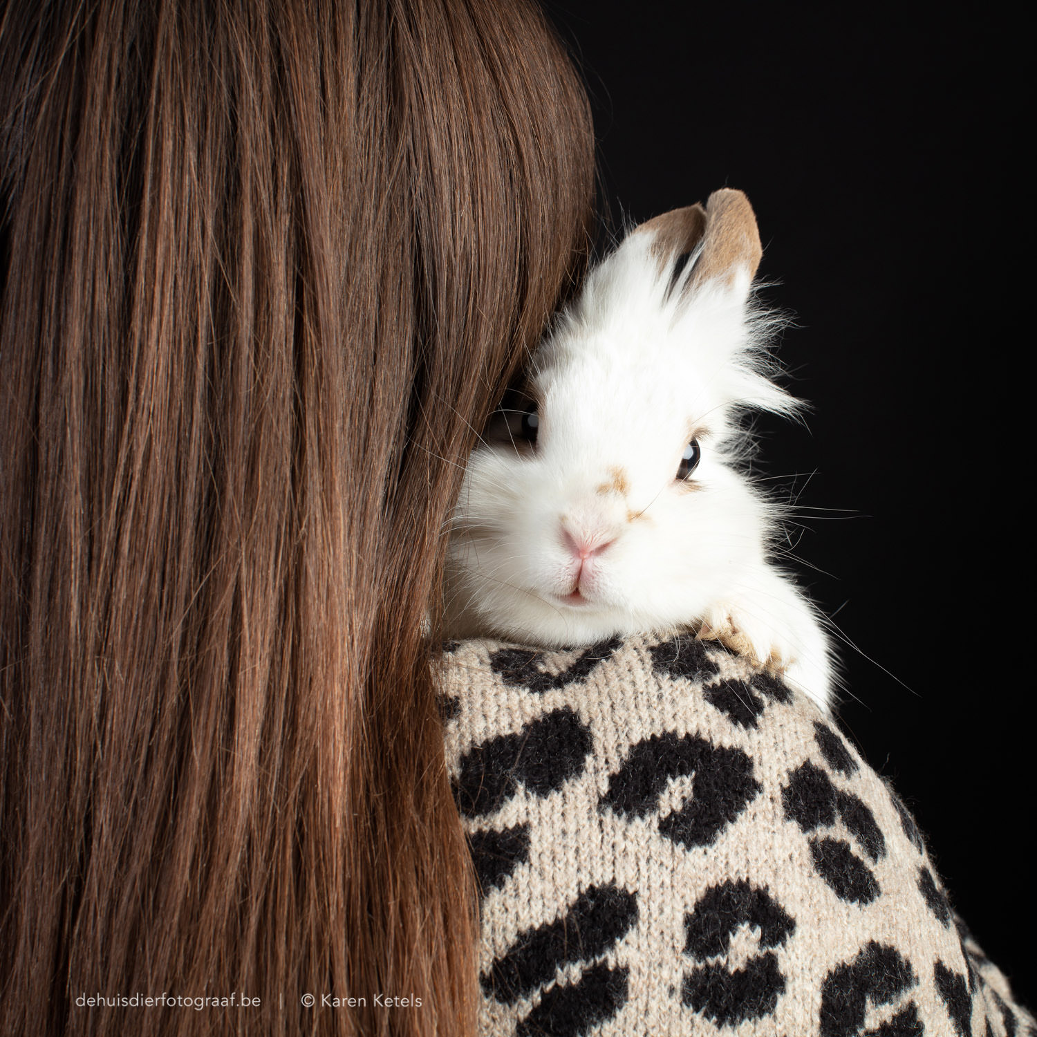 Portret van een meisje met haar konijntje op de schouder. Studioportet bij De Huisdierfotograaf